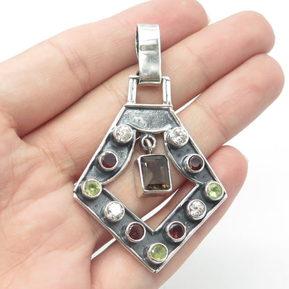 925 Sterling Silver Vintage Smoky Quartz Garnet Peridot & C Z Oxidized Pendant