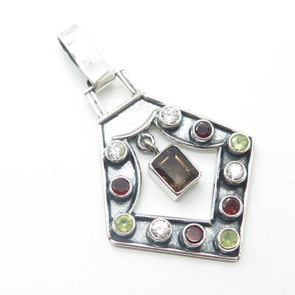 925 Sterling Silver Vintage Smoky Quartz Garnet Peridot & C Z Oxidized Pendant