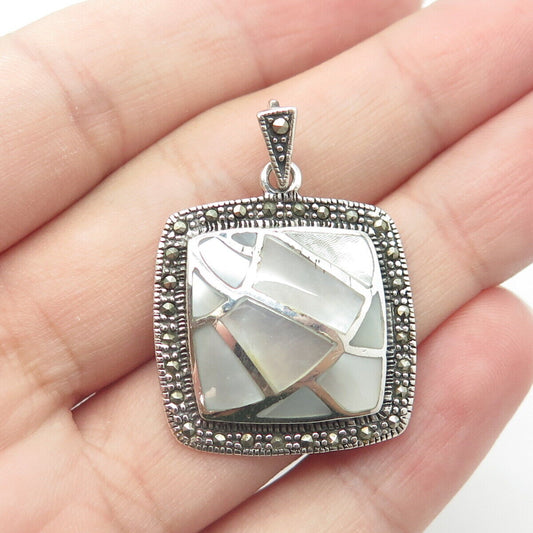 925 Sterling Silver Vintage Real Mother-of-Pearl & Marcasite Gemstone Pendant