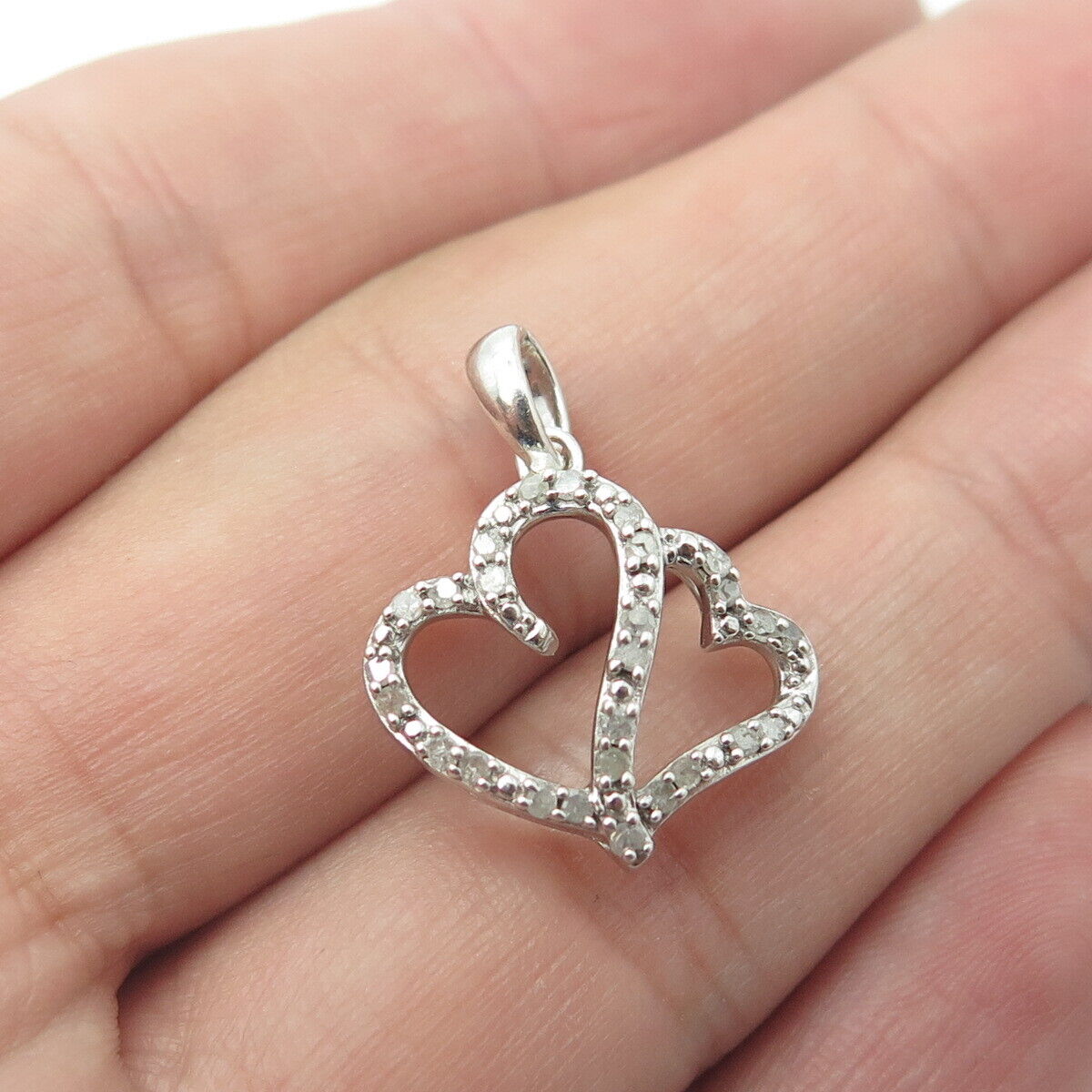 925 Sterling Silver Real Round-Cut White Diamond Loving Hearts Pendant