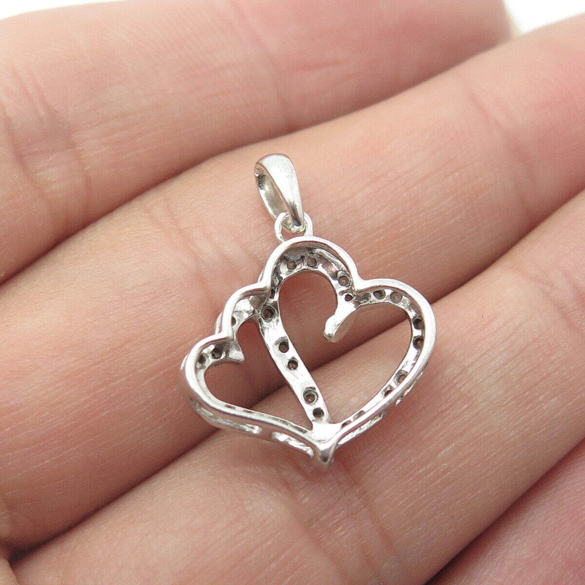 925 Sterling Silver Real Round-Cut White Diamond Loving Hearts Pendant