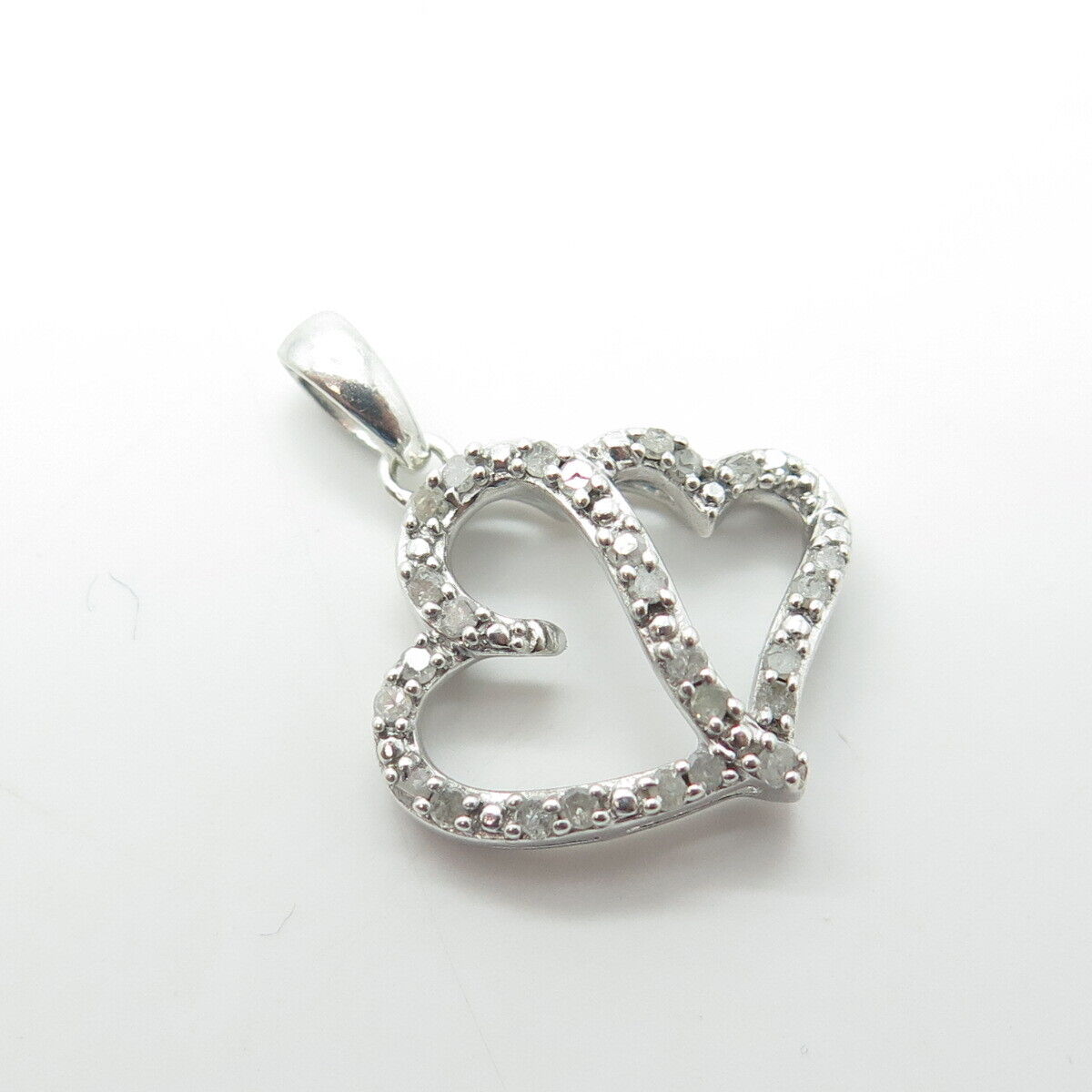 925 Sterling Silver Real Round-Cut White Diamond Loving Hearts Pendant