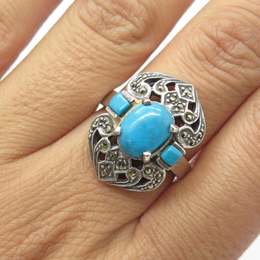 925 Sterling Silver Vintage Real Bisbee Turquoise & Marcasite Ring Size 8