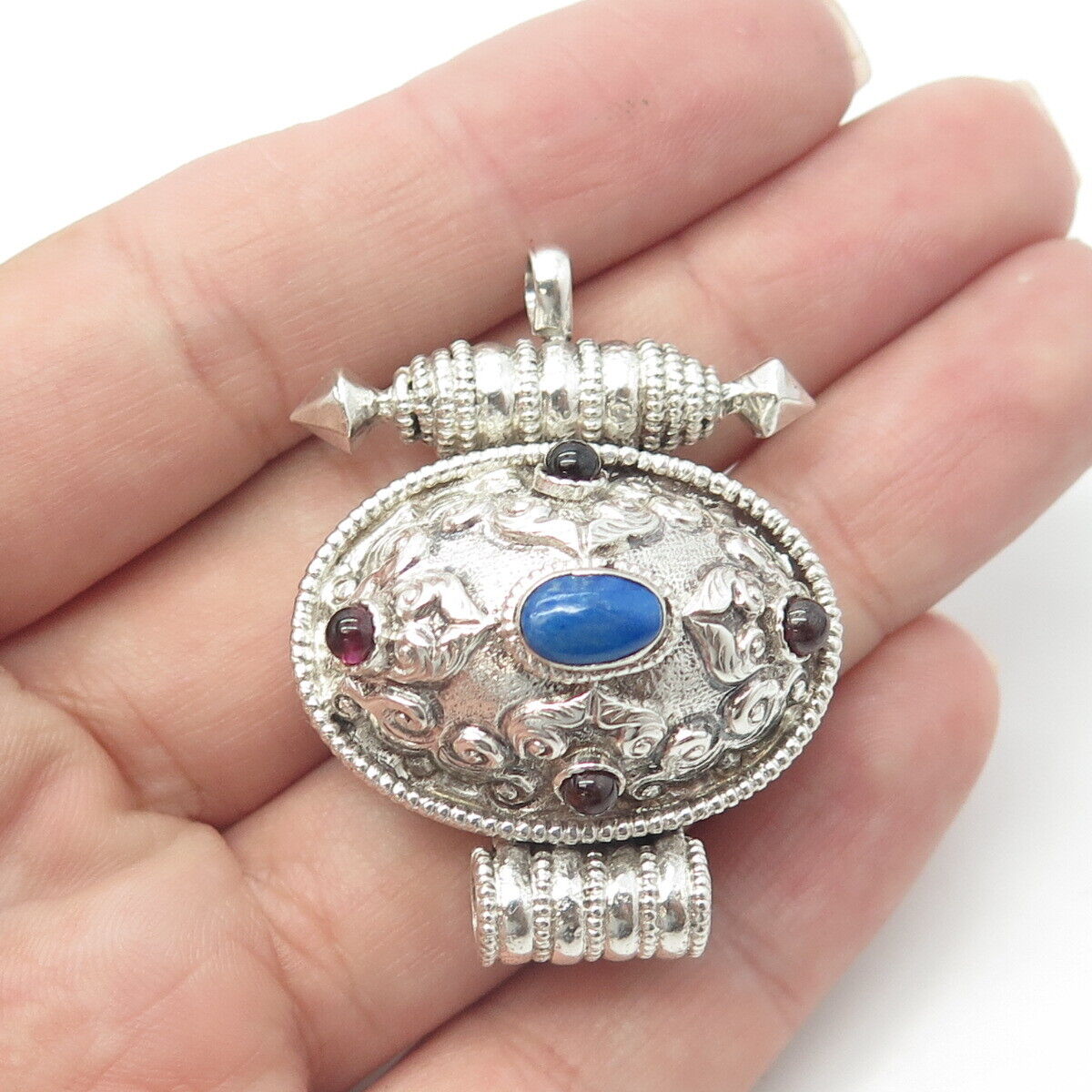 925 Sterling Silver Vintage Real Lapis Lazuli & Tourmaline Box locket Pendant