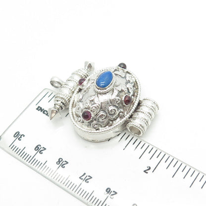 925 Sterling Silver Vintage Real Lapis Lazuli & Tourmaline Box locket Pendant