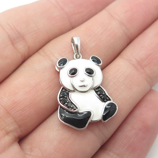 JANE SAYMOUR 925 Sterling Silver Real Black Spinel Gem & Enamel Panda Pendant