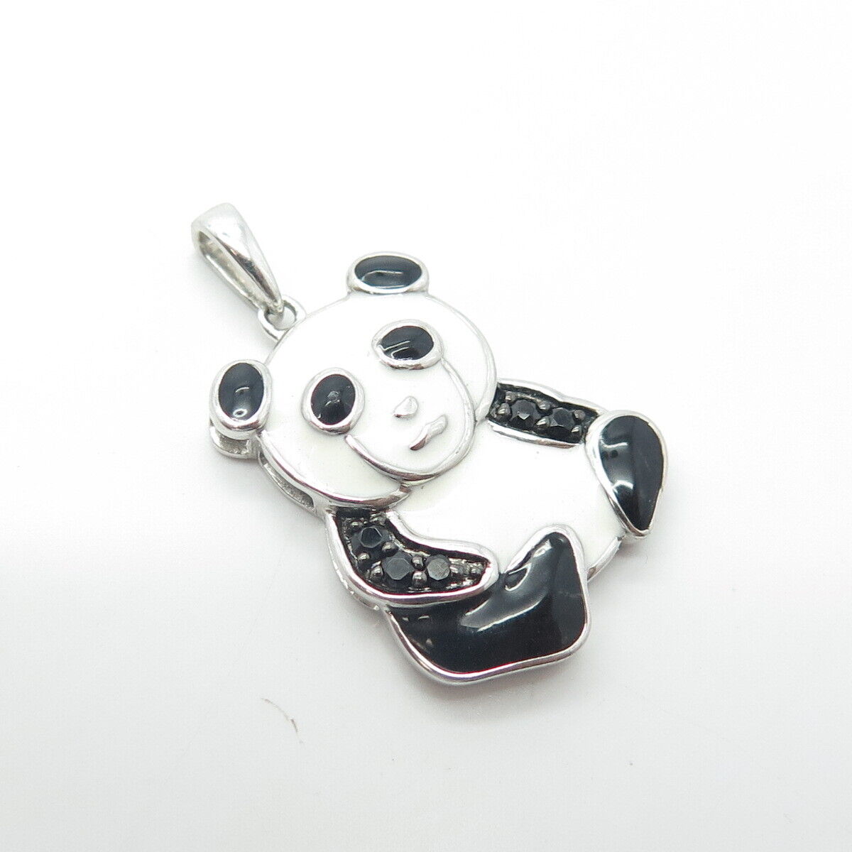 JANE SAYMOUR 925 Sterling Silver Real Black Spinel Gem & Enamel Panda Pendant