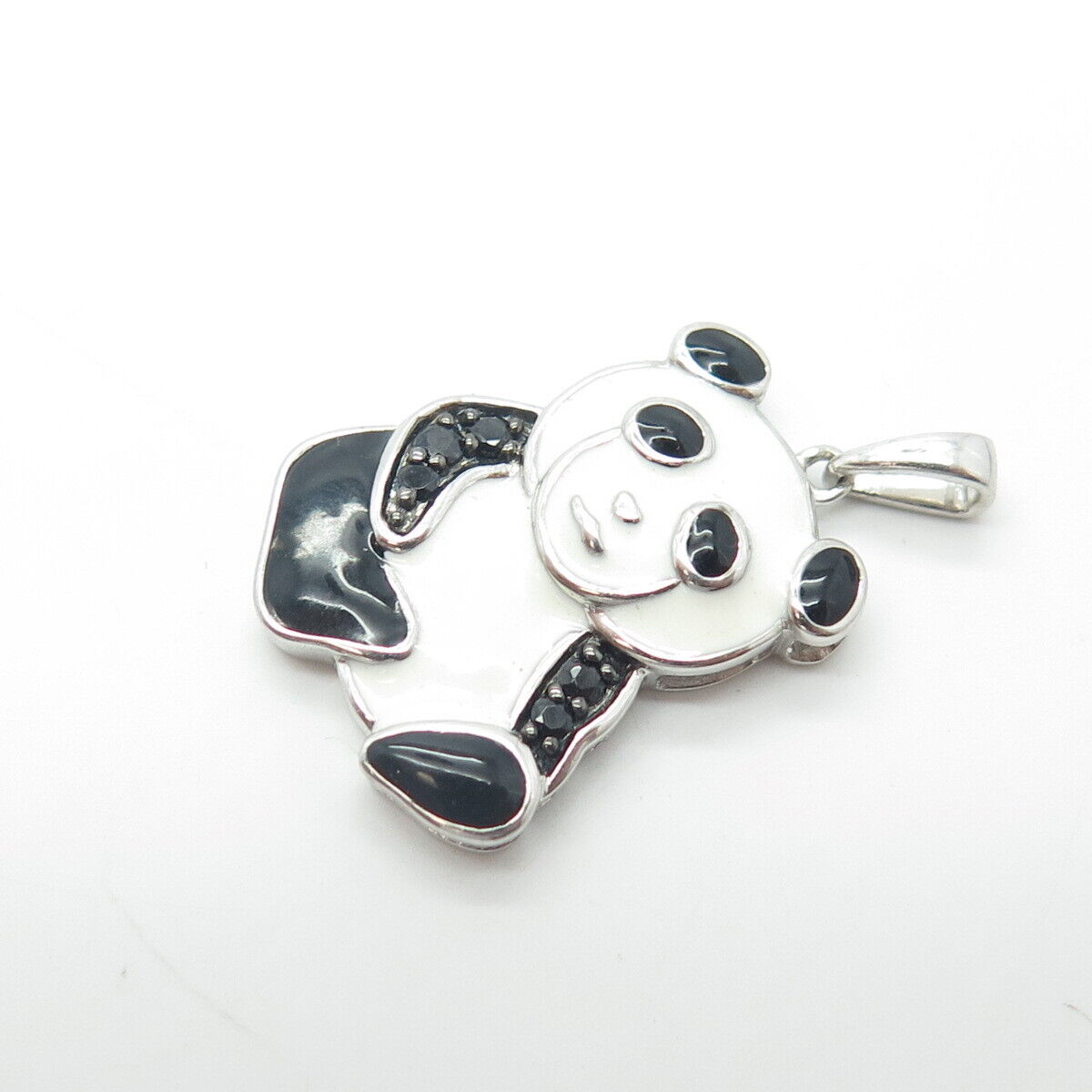 JANE SAYMOUR 925 Sterling Silver Real Black Spinel Gem & Enamel Panda Pendant