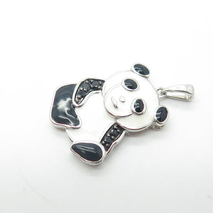 JANE SAYMOUR 925 Sterling Silver Real Black Spinel Gem & Enamel Panda Pendant