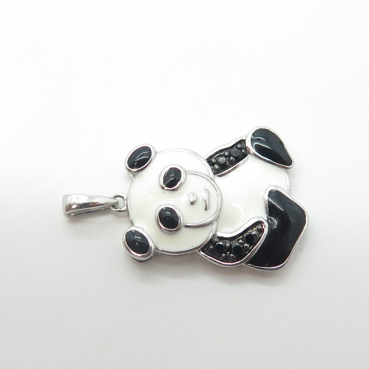 JANE SAYMOUR 925 Sterling Silver Real Black Spinel Gem & Enamel Panda Pendant