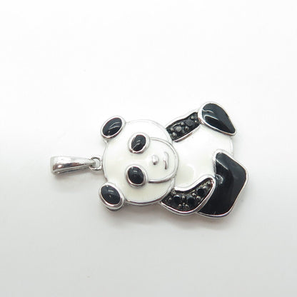 JANE SAYMOUR 925 Sterling Silver Real Black Spinel Gem & Enamel Panda Pendant