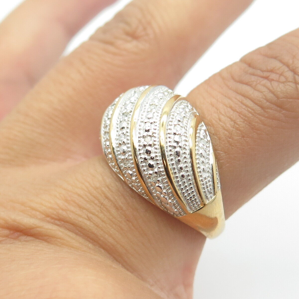925 Sterling Silver Gold Plated Real Diamond Wavy Ribbed Dome Ring Size 8.25