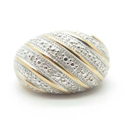 925 Sterling Silver Gold Plated Real Diamond Wavy Ribbed Dome Ring Size 8.25