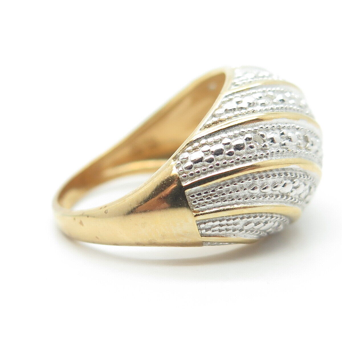 925 Sterling Silver Gold Plated Real Diamond Wavy Ribbed Dome Ring Size 8.25