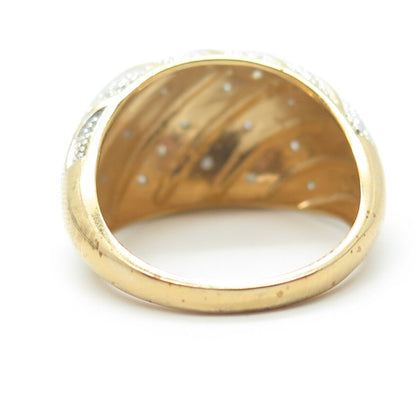 925 Sterling Silver Gold Plated Real Diamond Wavy Ribbed Dome Ring Size 8.25