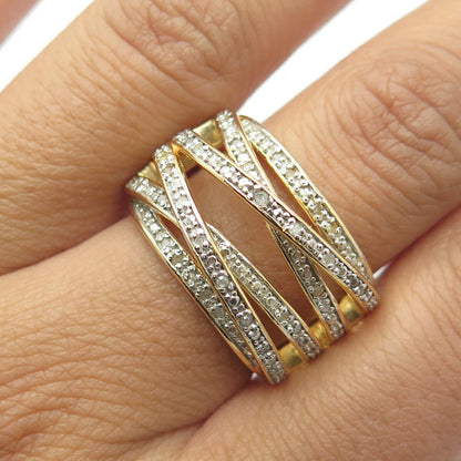 925 Sterling Silver Gold Plated Real Diamond MultiRow Interlocked Ring Size 8.25