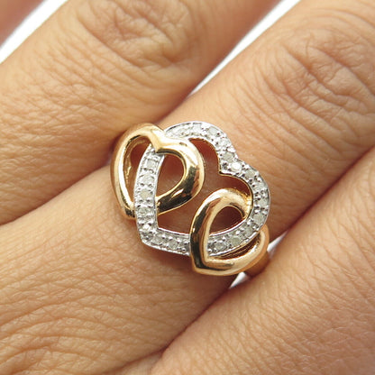 925 Sterling Silver Gold Plated Real Diamond Interlocked Hearts Ring Size 7.25