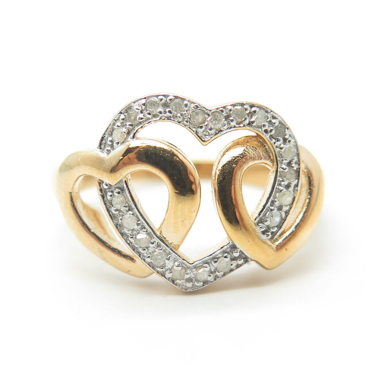 925 Sterling Silver Gold Plated Real Diamond Interlocked Hearts Ring Size 7.25