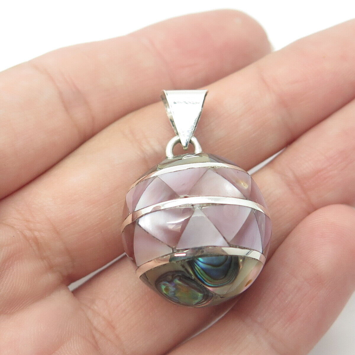 925 Sterling Silver Vintage Mother-of-Pearl & Abalone Shell Harmony Ball Pendant