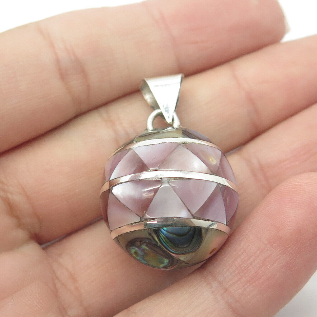 925 Sterling Silver Vintage Mother-of-Pearl & Abalone Shell Harmony Ball Pendant