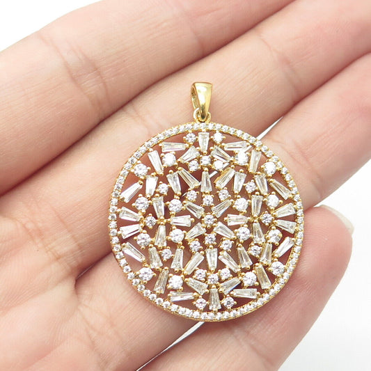 925 Sterling Silver Gold Plated Tapered Baguette & Round-Cut C Z Floral Pendant