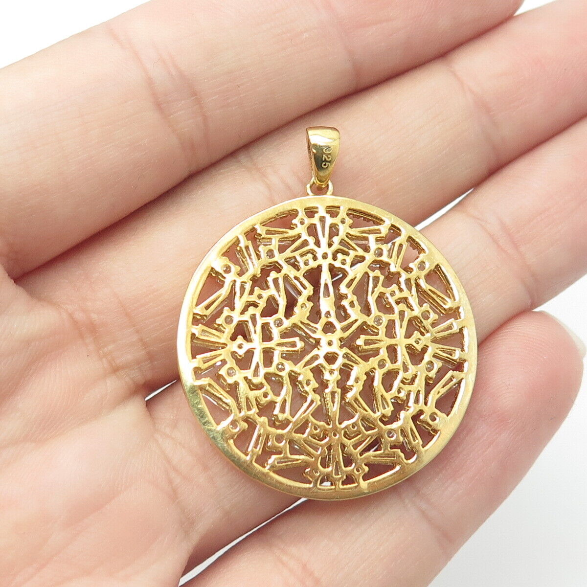 925 Sterling Silver Gold Plated Tapered Baguette & Round-Cut C Z Floral Pendant