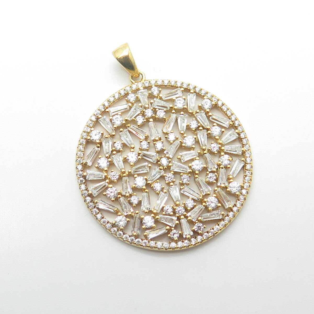 925 Sterling Silver Gold Plated Tapered Baguette & Round-Cut C Z Floral Pendant