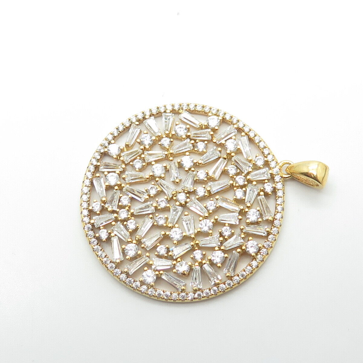 925 Sterling Silver Gold Plated Tapered Baguette & Round-Cut C Z Floral Pendant