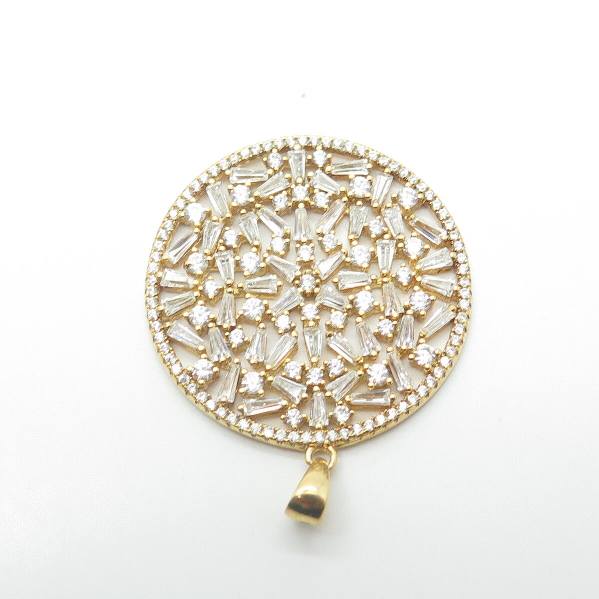 925 Sterling Silver Gold Plated Tapered Baguette & Round-Cut C Z Floral Pendant