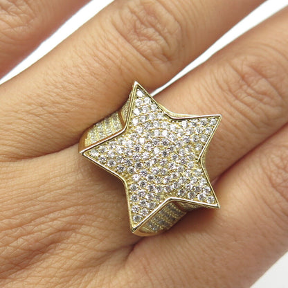 925 Sterling Silver Gold Plated White C Z Star Statement Ring Size 9.25