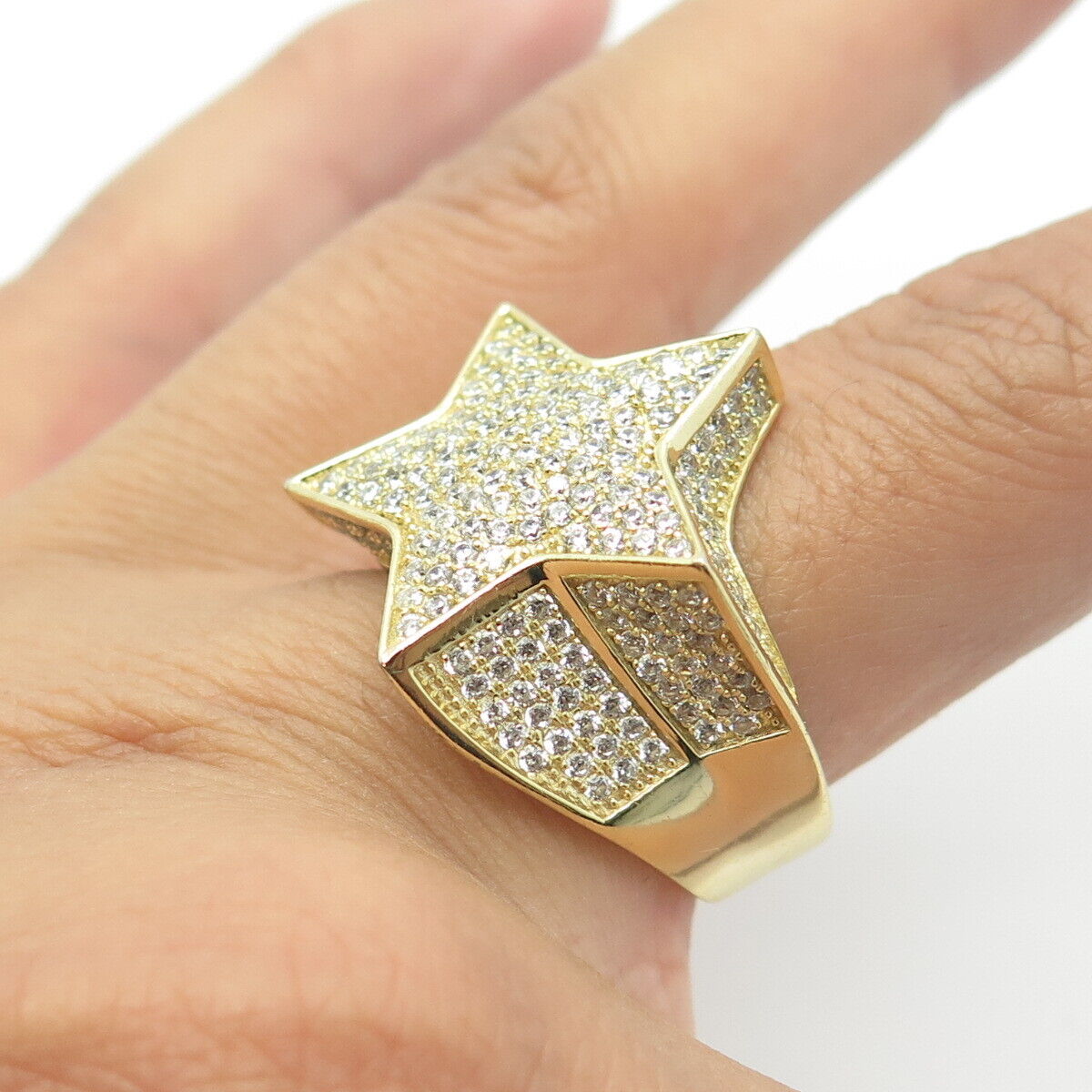 925 Sterling Silver Gold Plated White C Z Star Statement Ring Size 9.25