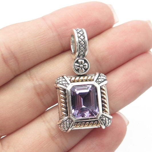 925 Sterling Silver / 18K Gold Vintage Real Amethyst Gemstone Ethnic Pendant