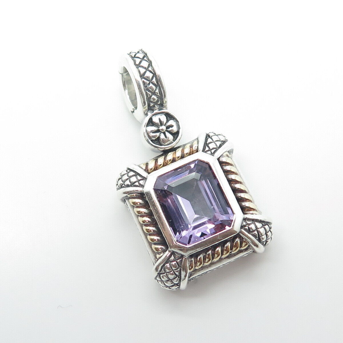 925 Sterling Silver / 18K Gold Vintage Real Amethyst Gemstone Ethnic Pendant