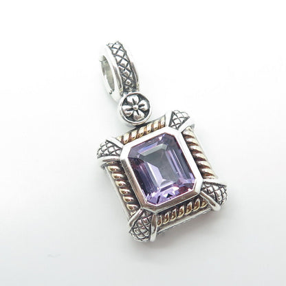 925 Sterling Silver / 18K Gold Vintage Real Amethyst Gemstone Ethnic Pendant