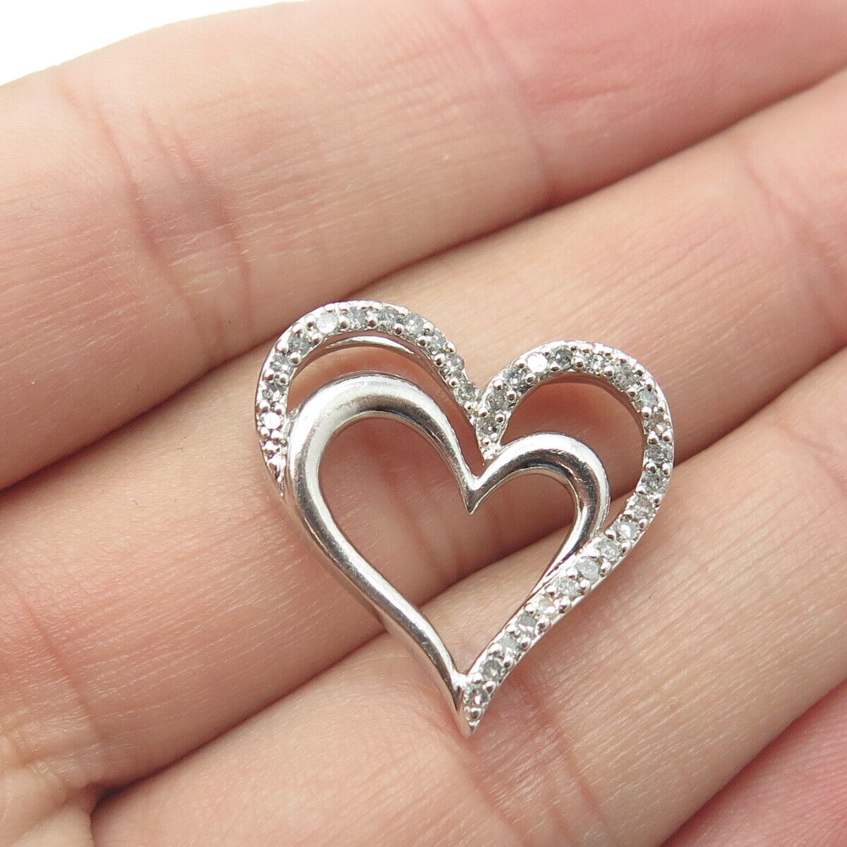 SUN 925 Sterling Silver Real Round-Cut White Diamond Loving Hearts Pendant