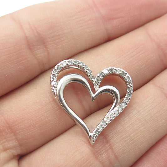 SUN 925 Sterling Silver Real Round-Cut White Diamond Loving Hearts Pendant