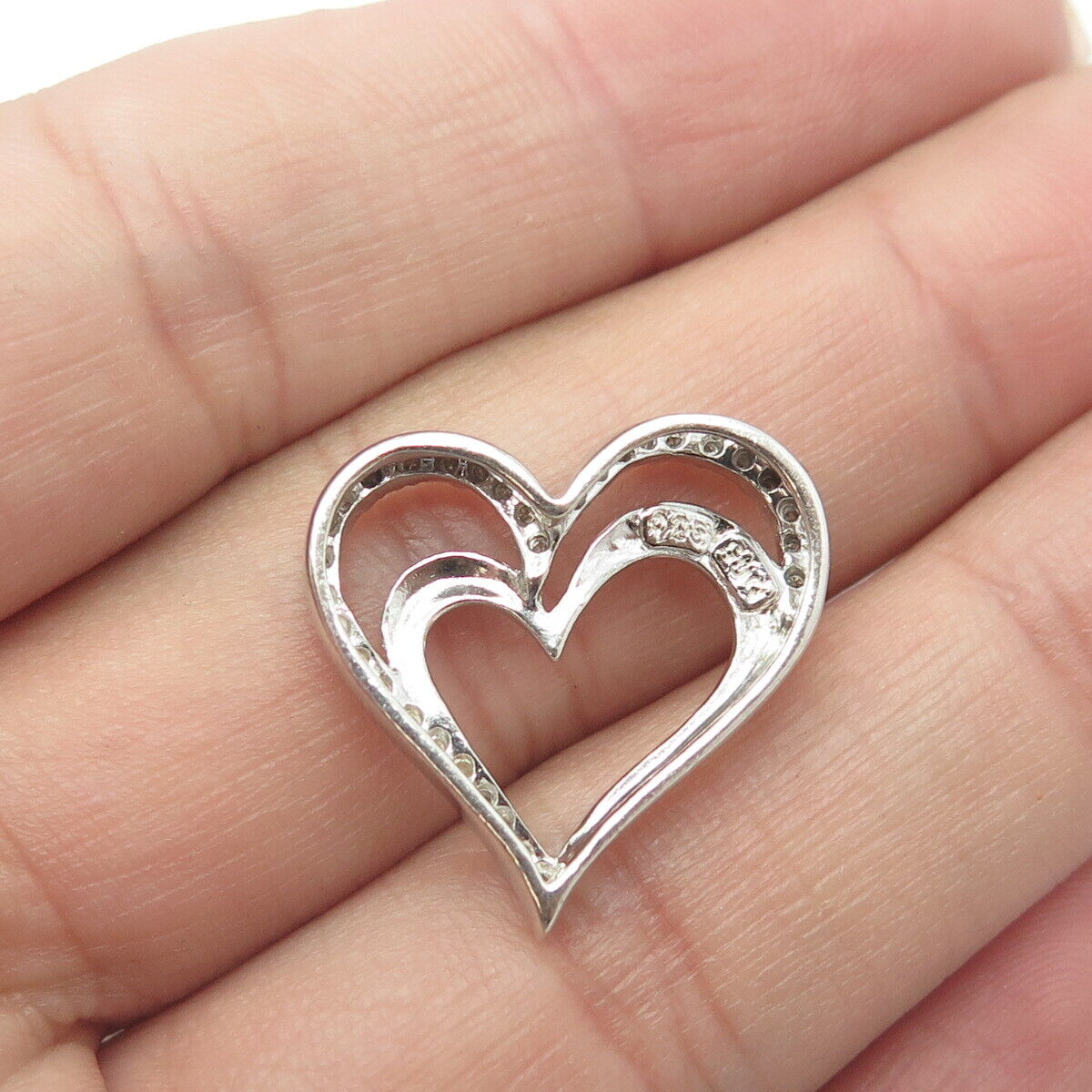 SUN 925 Sterling Silver Real Round-Cut White Diamond Loving Hearts Pendant
