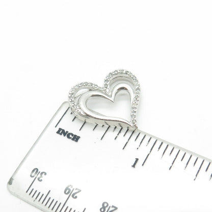 SUN 925 Sterling Silver Real Round-Cut White Diamond Loving Hearts Pendant