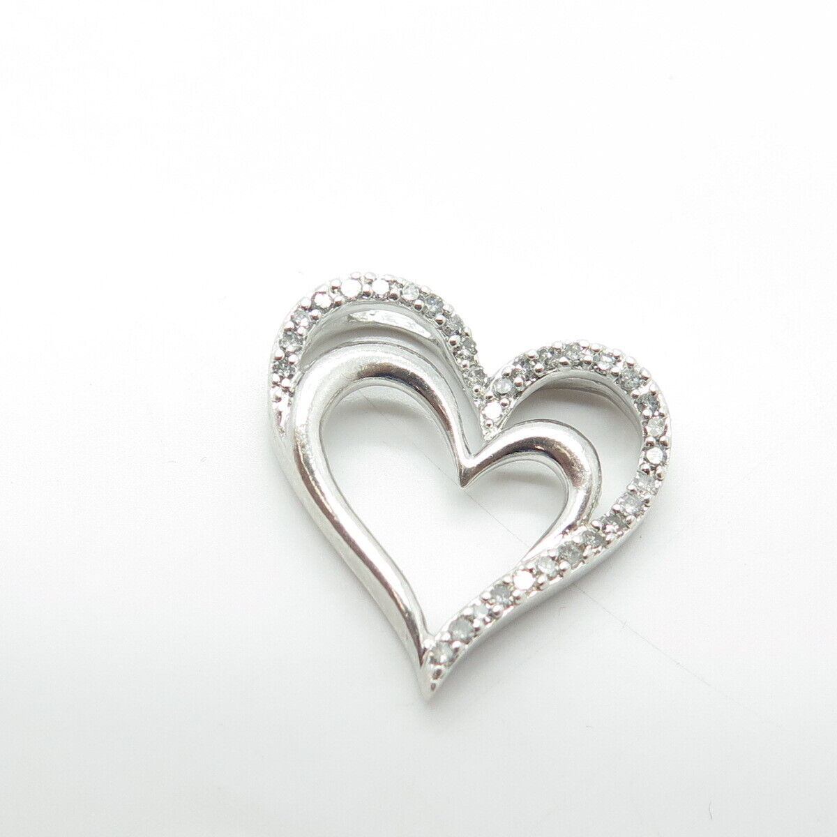 SUN 925 Sterling Silver Real Round-Cut White Diamond Loving Hearts Pendant