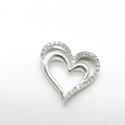 SUN 925 Sterling Silver Real Round-Cut White Diamond Loving Hearts Pendant