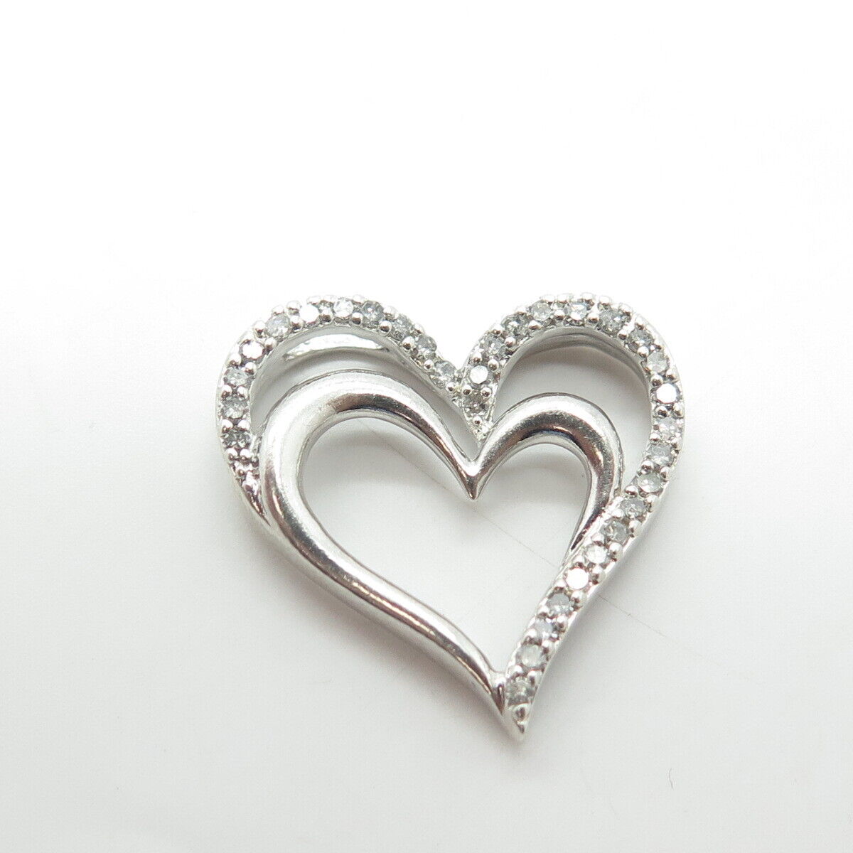 SUN 925 Sterling Silver Real Round-Cut White Diamond Loving Hearts Pendant