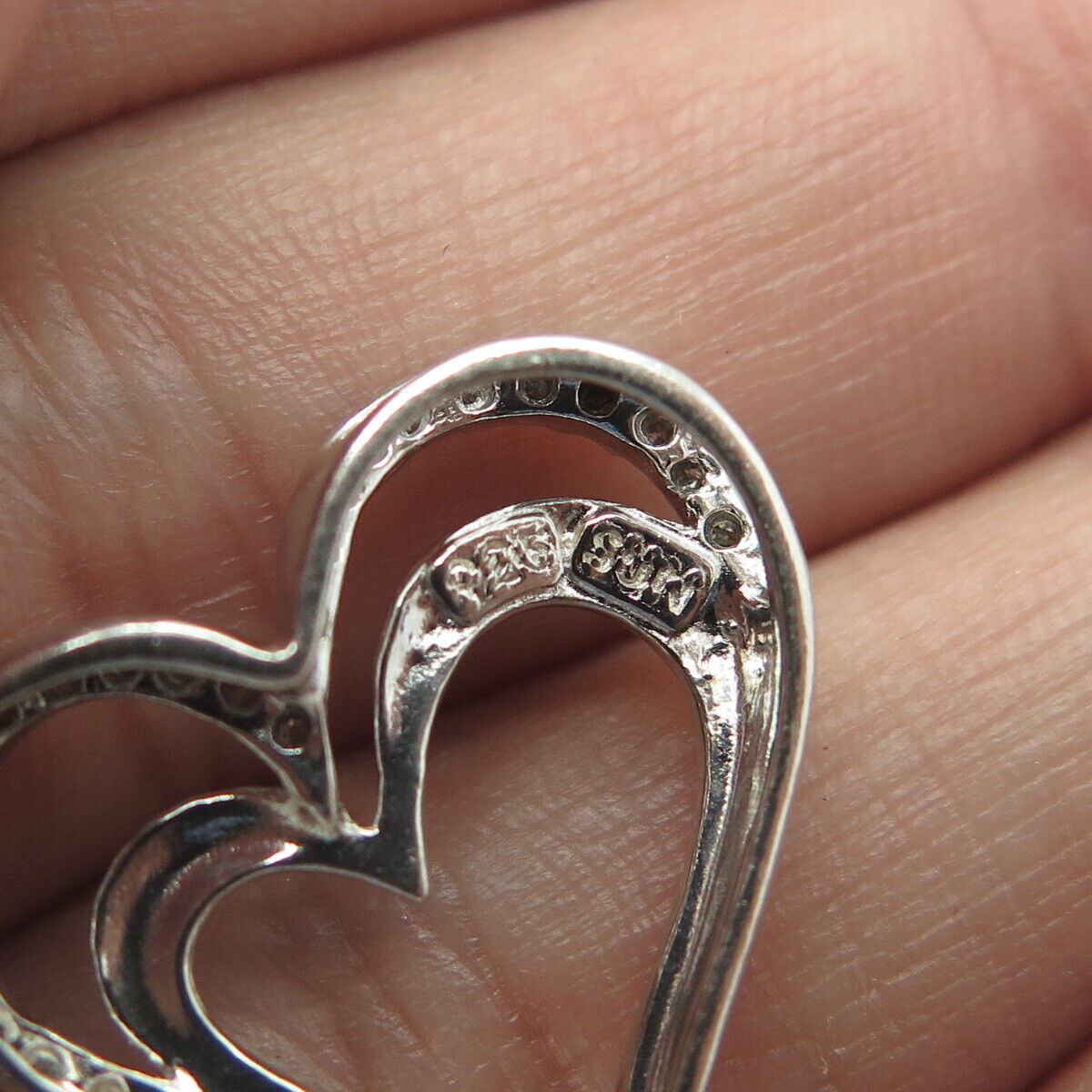 SUN 925 Sterling Silver Real Round-Cut White Diamond Loving Hearts Pendant