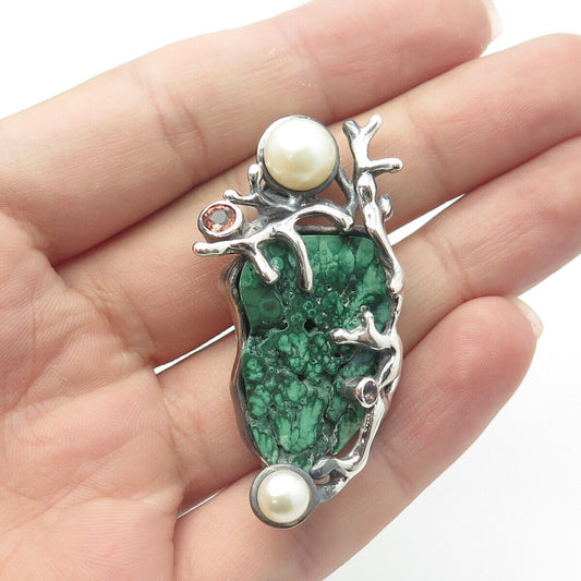 925 Sterling Silver Vintage Real Malachite Pearl & Sapphire Modernist Pendant