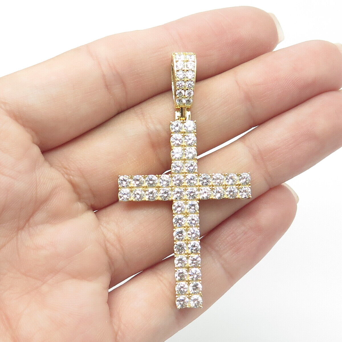 925 Sterling Silver Gold Plated Round-Cut White C Z Cross Pendant