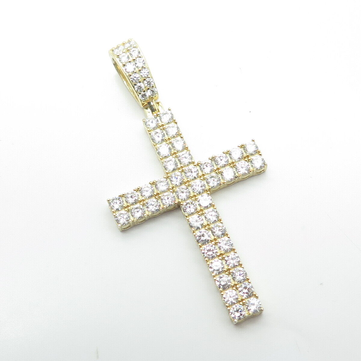 925 Sterling Silver Gold Plated Round-Cut White C Z Cross Pendant