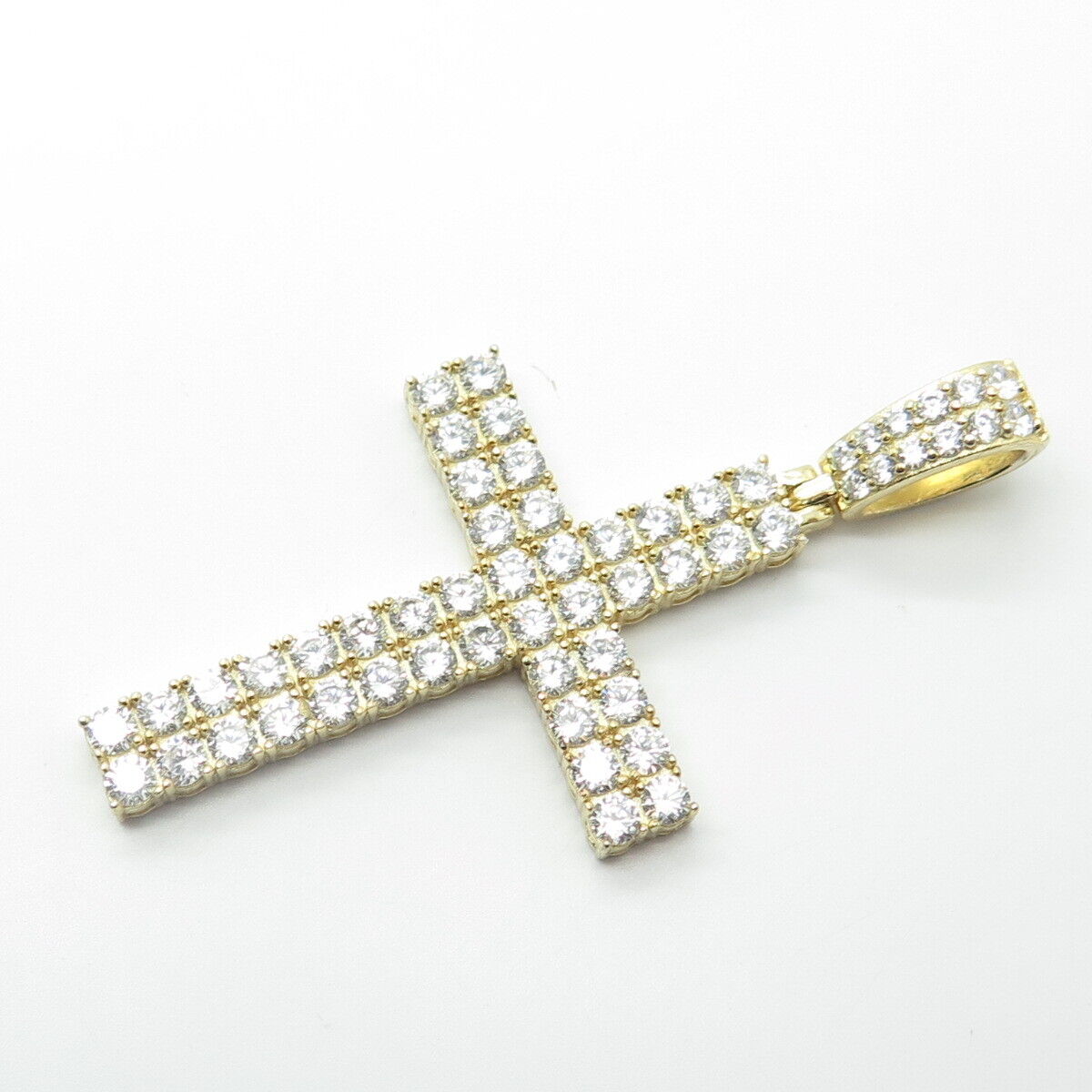 925 Sterling Silver Gold Plated Round-Cut White C Z Cross Pendant