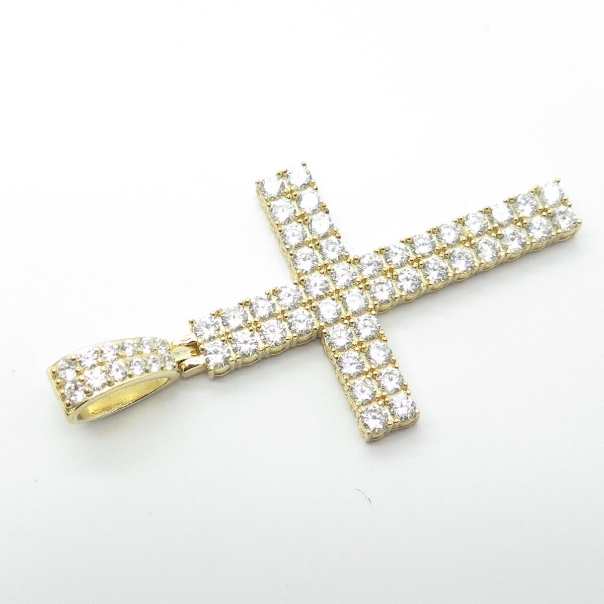 925 Sterling Silver Gold Plated Round-Cut White C Z Cross Pendant