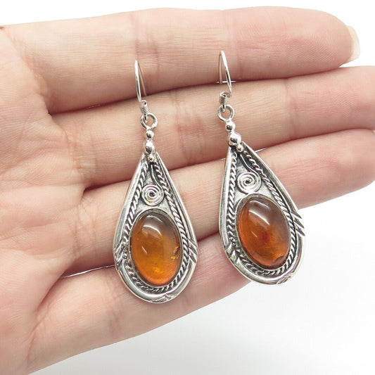 925 Sterling Silver Vintage Real Amber Ethnic Dangling Hook Earrings