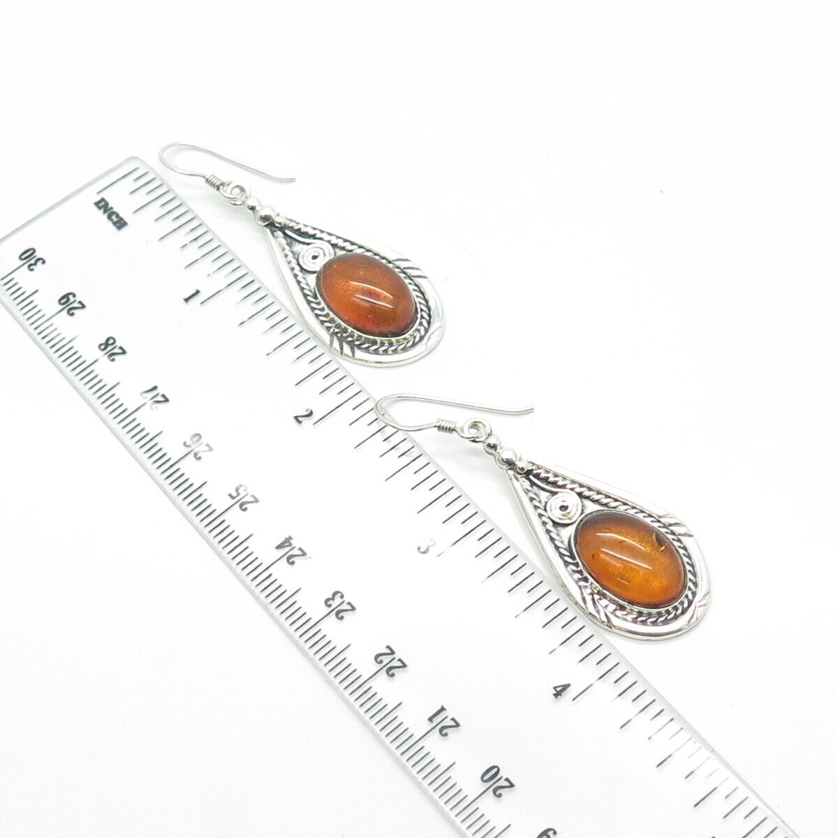 925 Sterling Silver Vintage Real Amber Ethnic Dangling Hook Earrings