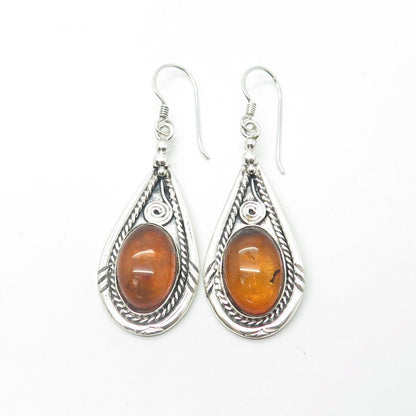 925 Sterling Silver Vintage Real Amber Ethnic Dangling Hook Earrings